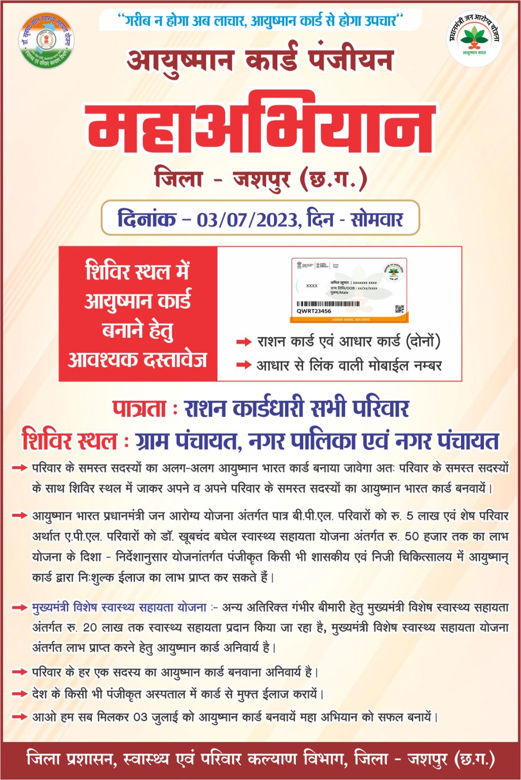 आयुष्मान कार्ड बनाने 3 जुलाई से चलाया जाएगा विशेष महाअभियान,कांसाबेल सीईओ एल एन सिदार ने दिया दिशा निर्देश
