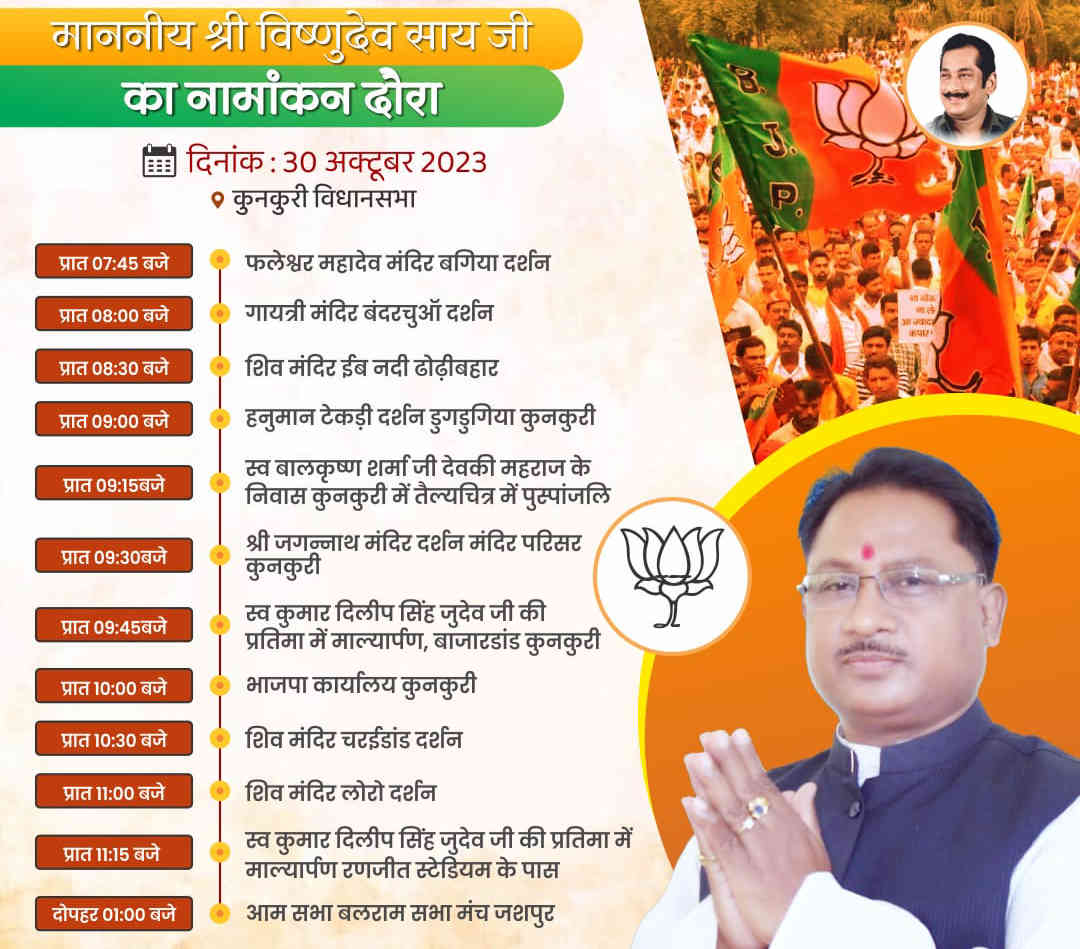 कुनकुरी विधानसभा के भाजपा प्रत्याशी विष्णुदेव साय इनका आशीर्वाद लेकर कल करेंगे नामांकन दाखिल, देखिए पूरा दौरा कार्यक्रम