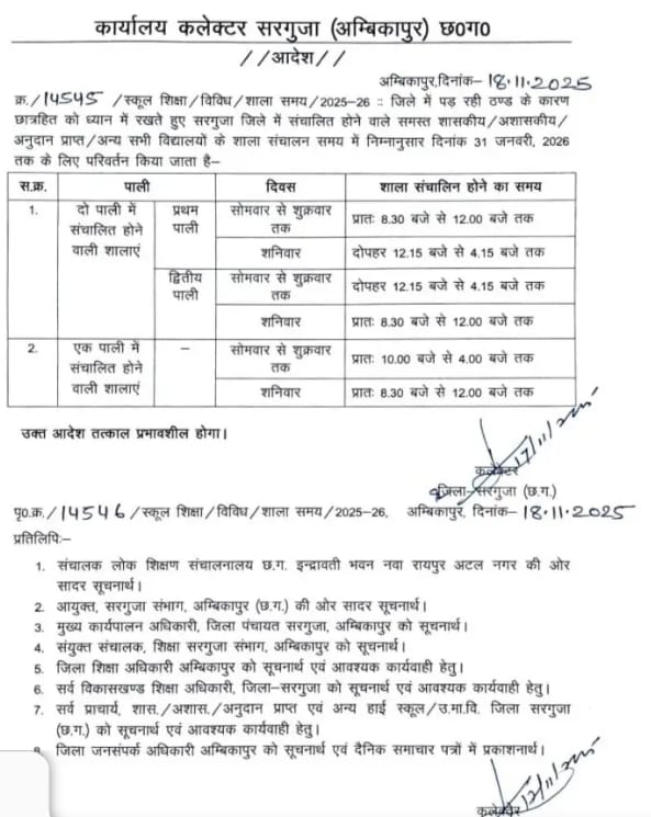 बढ़ते ठंड के कारण सरगुजा कलेक्टर ने किया शाला समय परिवर्तन